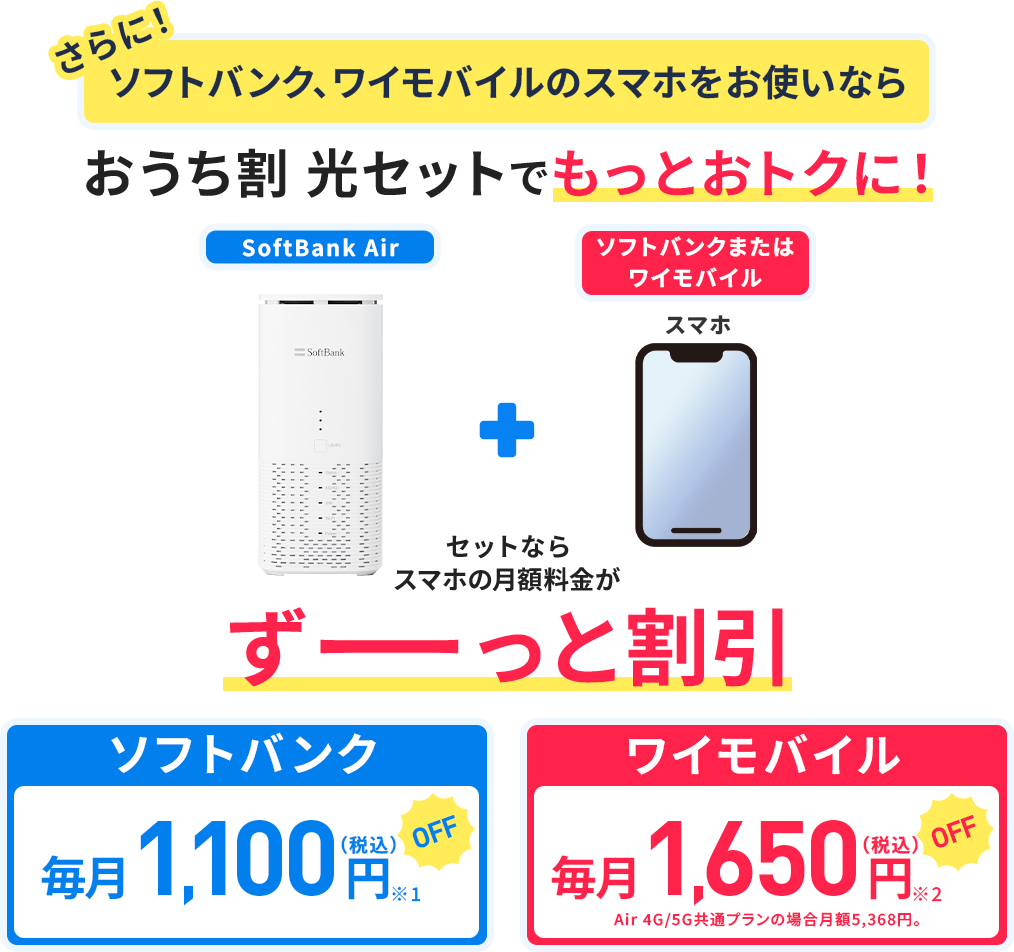 さらに！ソフトバンク、ワイモバイルのスマホをお使いなら おうち割 光セットでもっとおトクに！